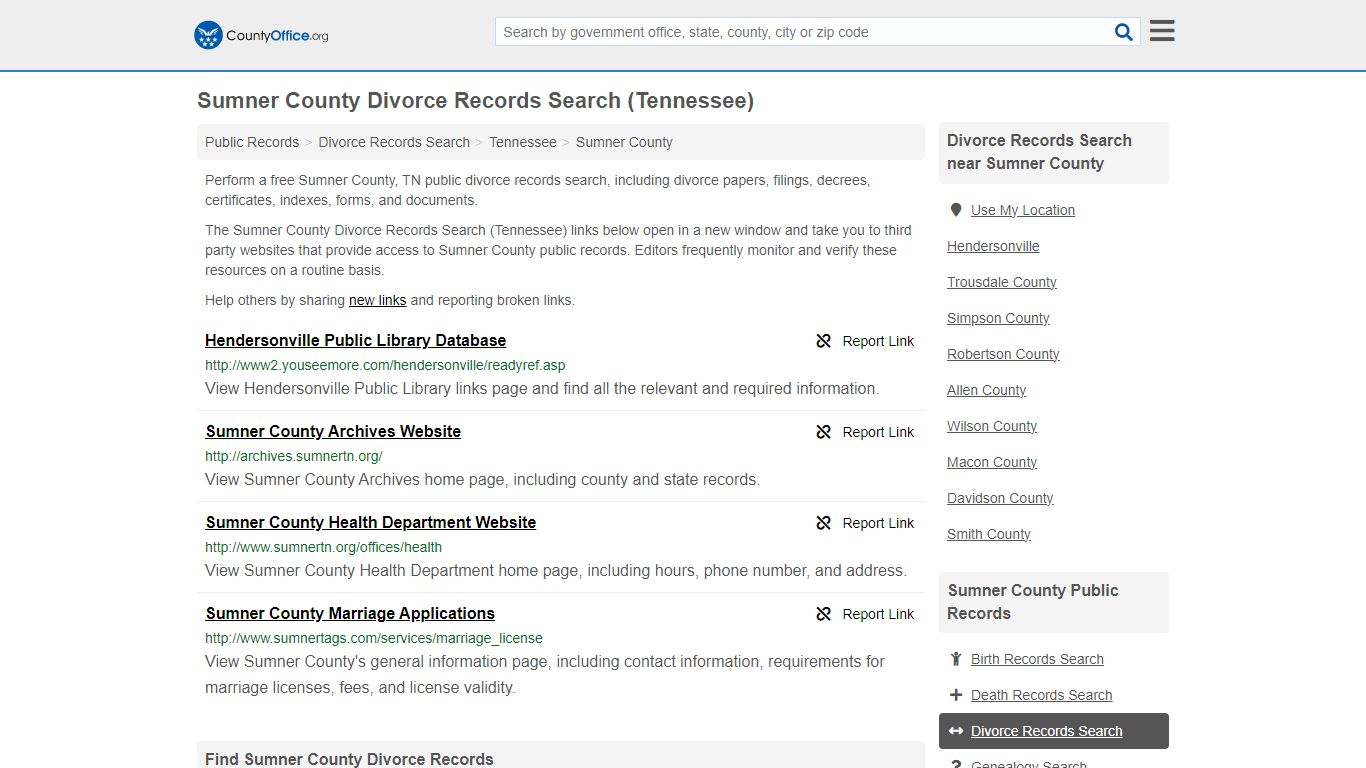 Sumner County Divorce Records Search (Tennessee) - County Office