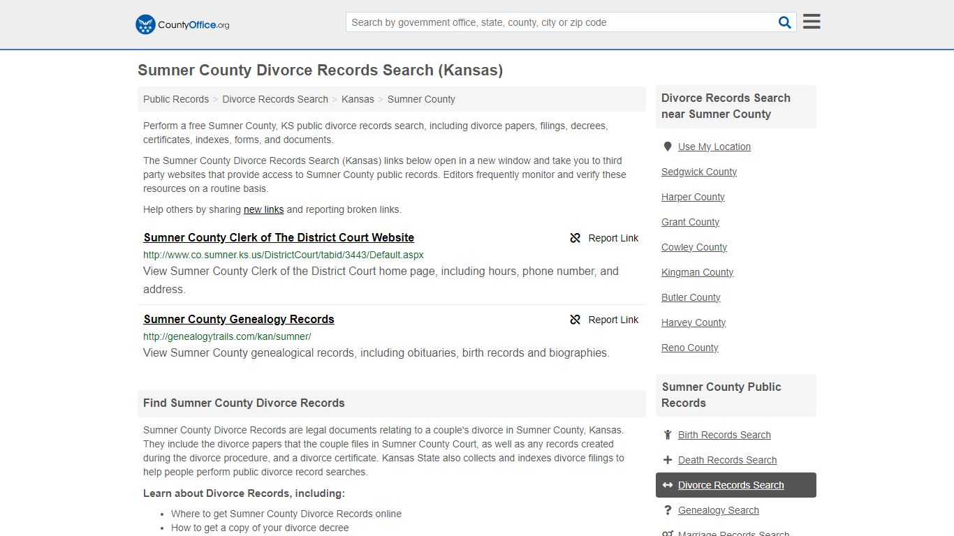 Sumner County Divorce Records Search (Kansas) - County Office